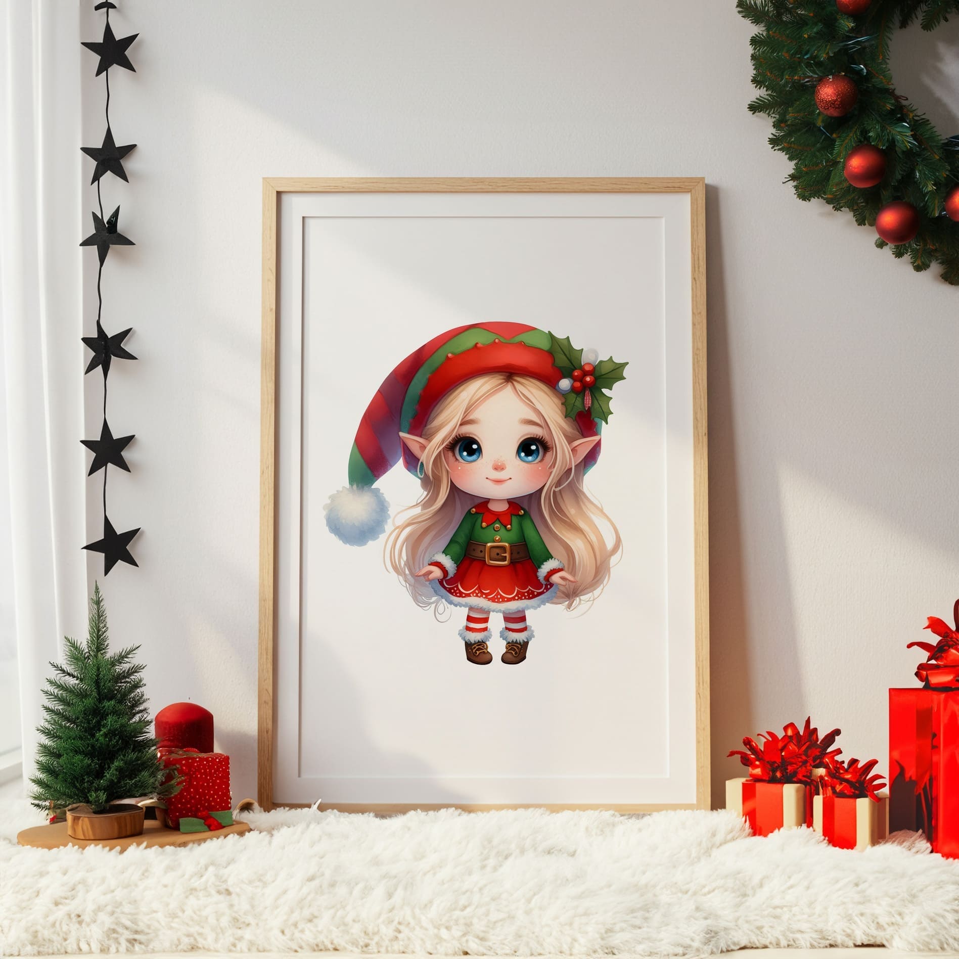 Set of 3 childrens christmas prints featuring a blonde haired girl elf, reindeer and christmas patterned initial letter
