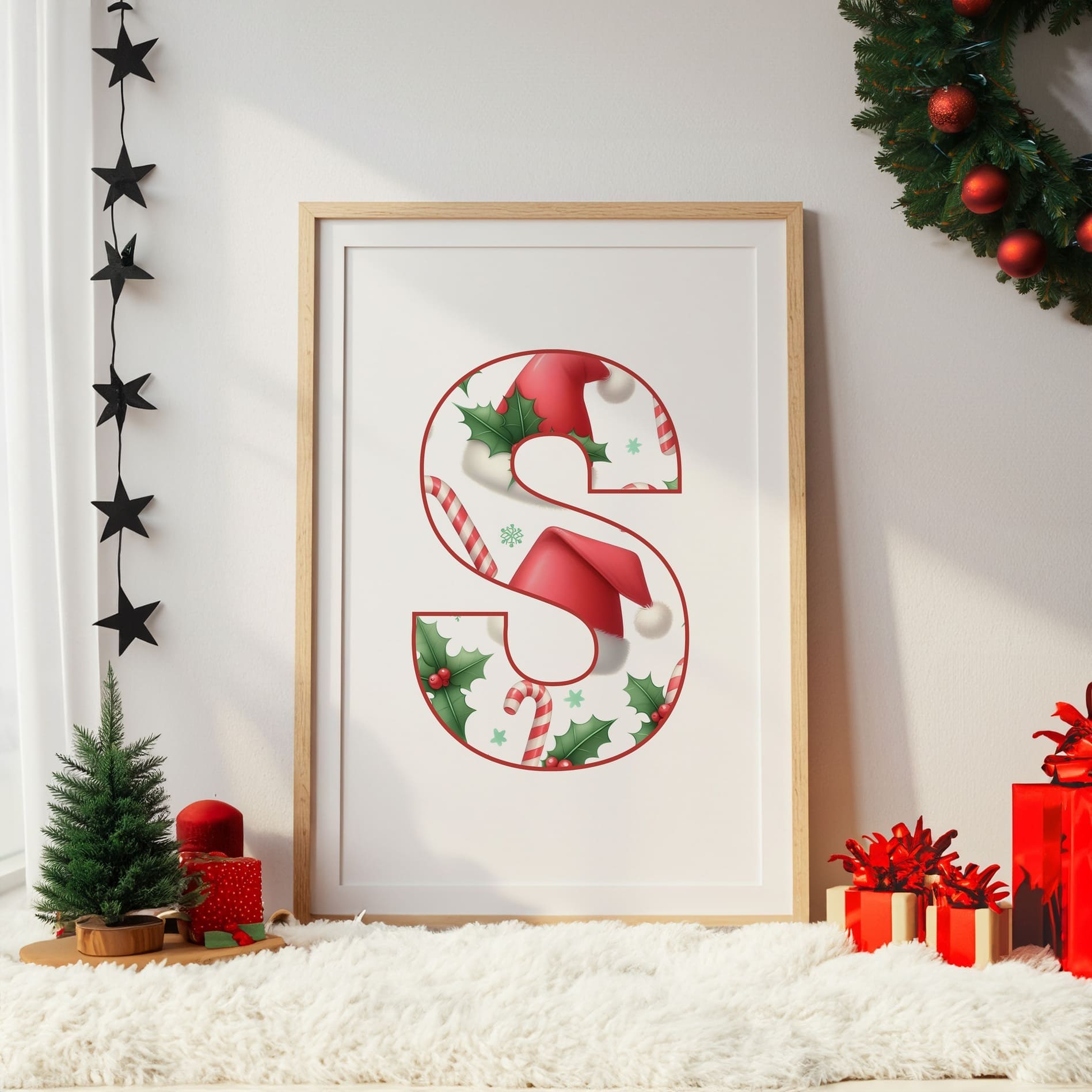 Set of 3 childrens christmas prints featuring a blonde haired girl elf, reindeer and christmas patterned initial letter