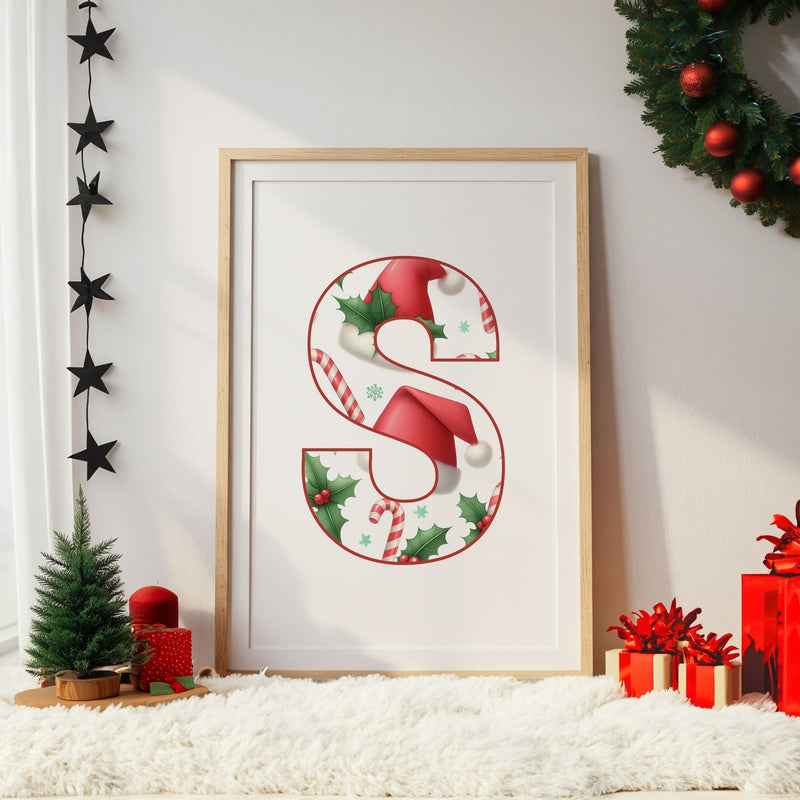 Set of 3 childrens christmas prints featuring a blonde haired girl elf, reindeer and christmas patterned initial letter