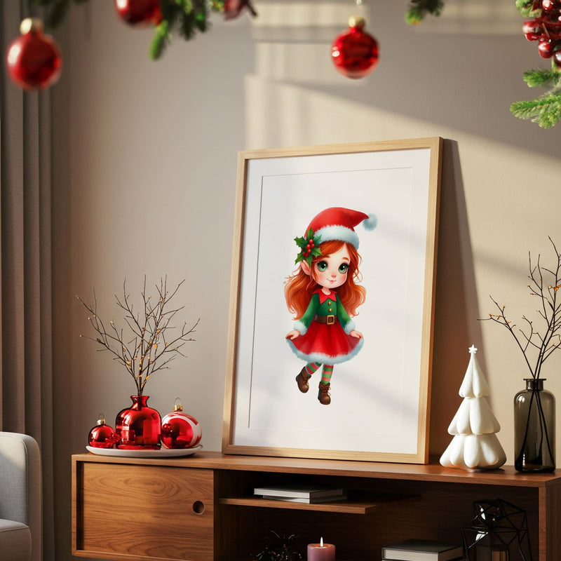Set of 3 childrens christmas prints featuring a red haired girl elf, reindeer and christmas patterned initial letter