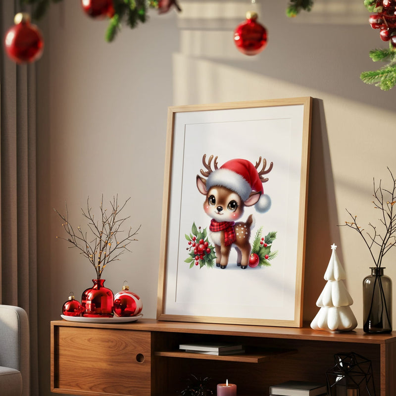 Set of 3 childrens christmas prints featuring a dark haired girl elf, reindeer and christmas patterned initial letter