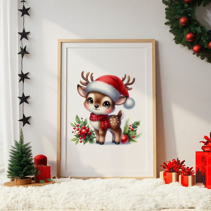 Set of 3 childrens christmas prints featuring a dark haired girl elf, reindeer and christmas patterned initial letter