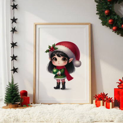 Set of 3 childrens christmas prints featuring a dark haired girl elf, reindeer and christmas patterned initial letter