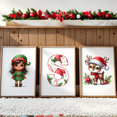 Set of 3 childrens christmas prints featuring a dark haired girl elf, reindeer and christmas patterned initial letter