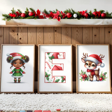 Set of 3 childrens christmas prints featuring a dark haired girl elf, reindeer and christmas patterned initial letter