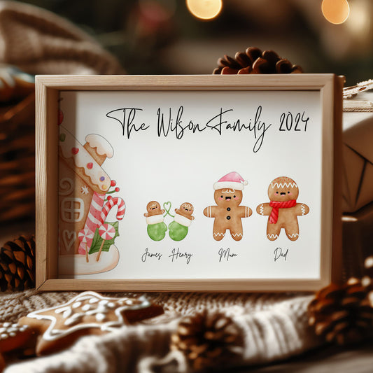 Personalised Christmas Gingerbread Family Print. Each Family Member depicted by a different Christmas Gingerbread character with a Gingerbread House. Family Name across the top