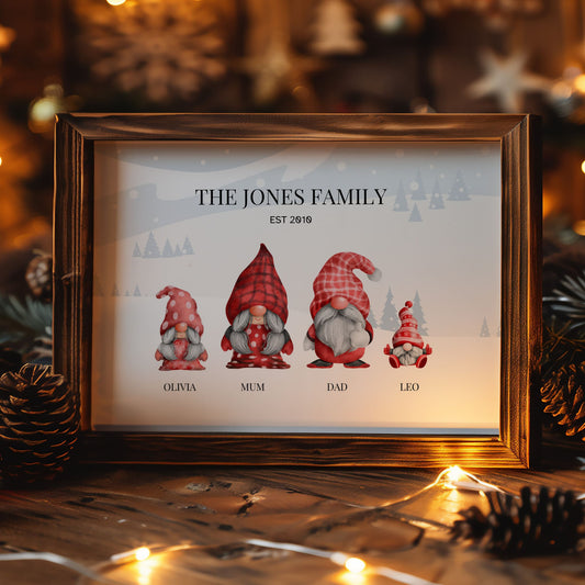 Personalised Christmas Gonk Family Print. Each Family Member depicted by a different Christmas gonk, sitting in front of a pale snowy background. Family Name across the top