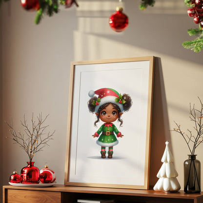 Set of 3 childrens christmas prints featuring a dark haired girl elf, reindeer and christmas patterned initial letter