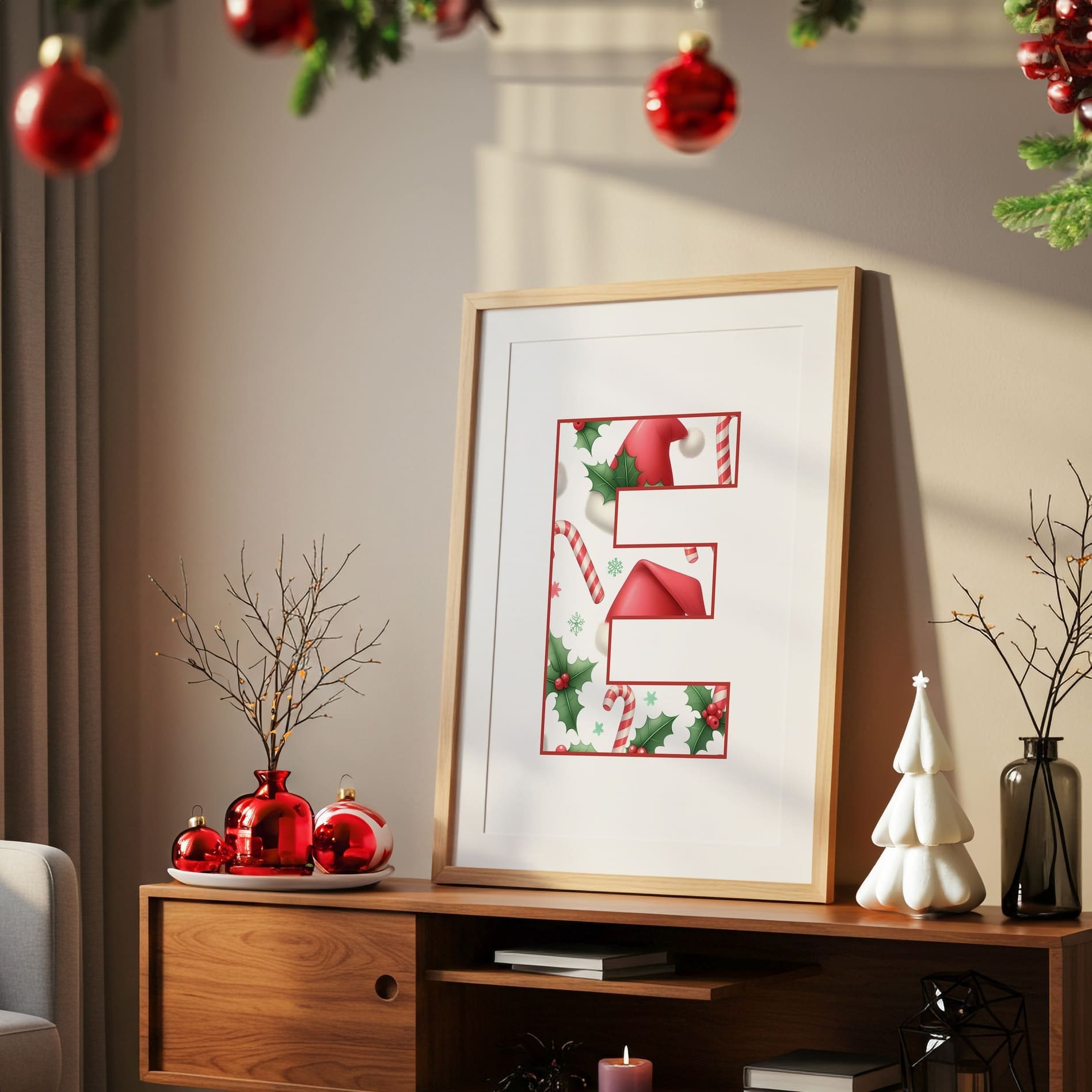 Set of 3 childrens christmas prints featuring a dark haired girl elf, reindeer and christmas patterned initial letter