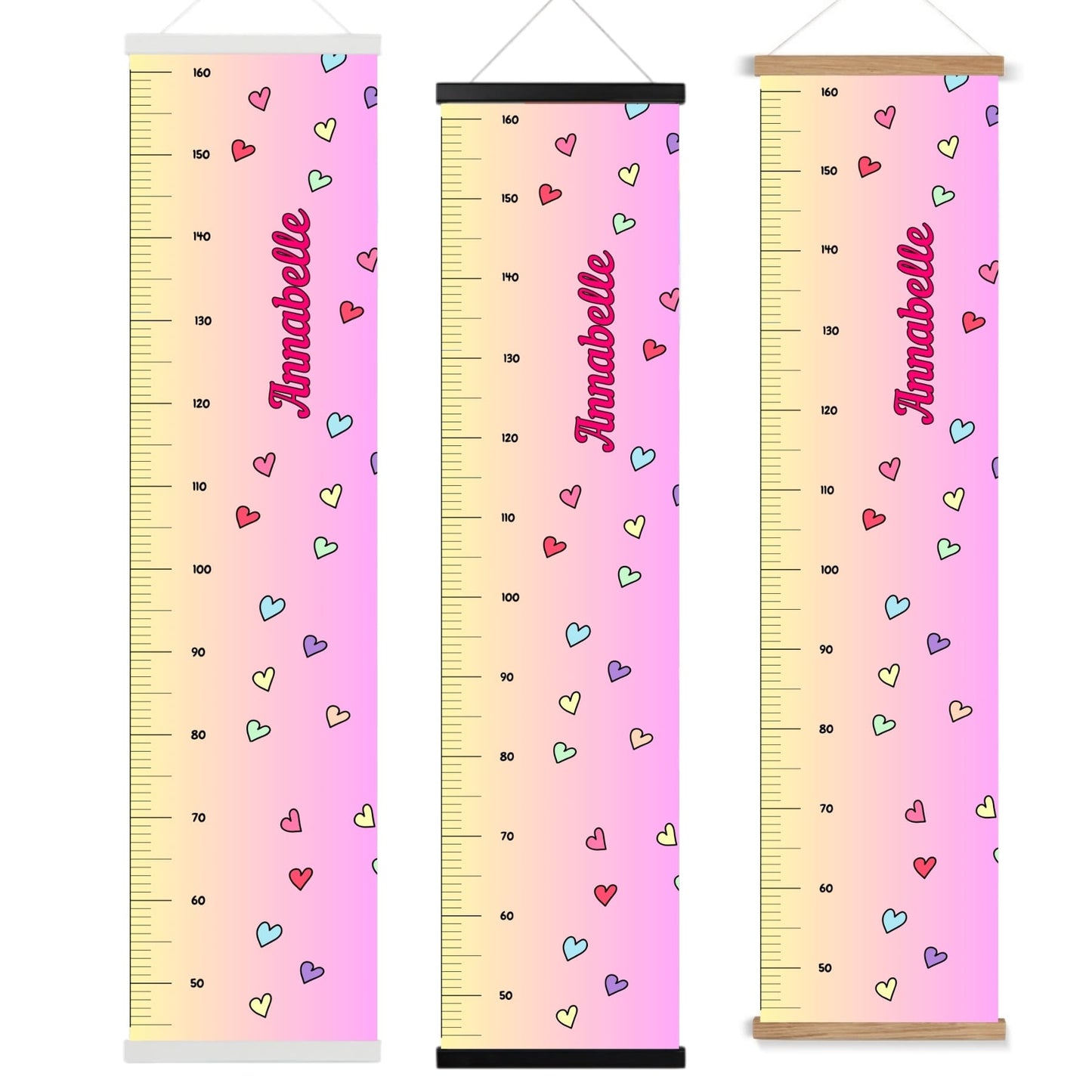 Childs height chart in yellow & pink with colourful love hearts and personalised with your childs name in vibrant pink. Available on black, white or natural hanger