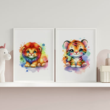 Set of two A4 prints featuring multicoloured animals - tiger cub and lion cub. The animals are depicted as cartoon illustrations in a vibrant watercolour style with multiple colours. The prints are very bright and colourful, adding a lively touch to any space.