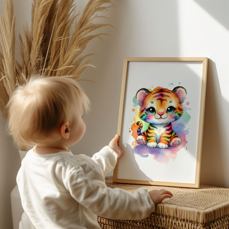 Set of two A4 prints featuring multicoloured animals - tiger cub and lion cub. The animals are depicted as cartoon illustrations in a vibrant watercolour style with multiple colours. The prints are very bright and colourful, adding a lively touch to any space.