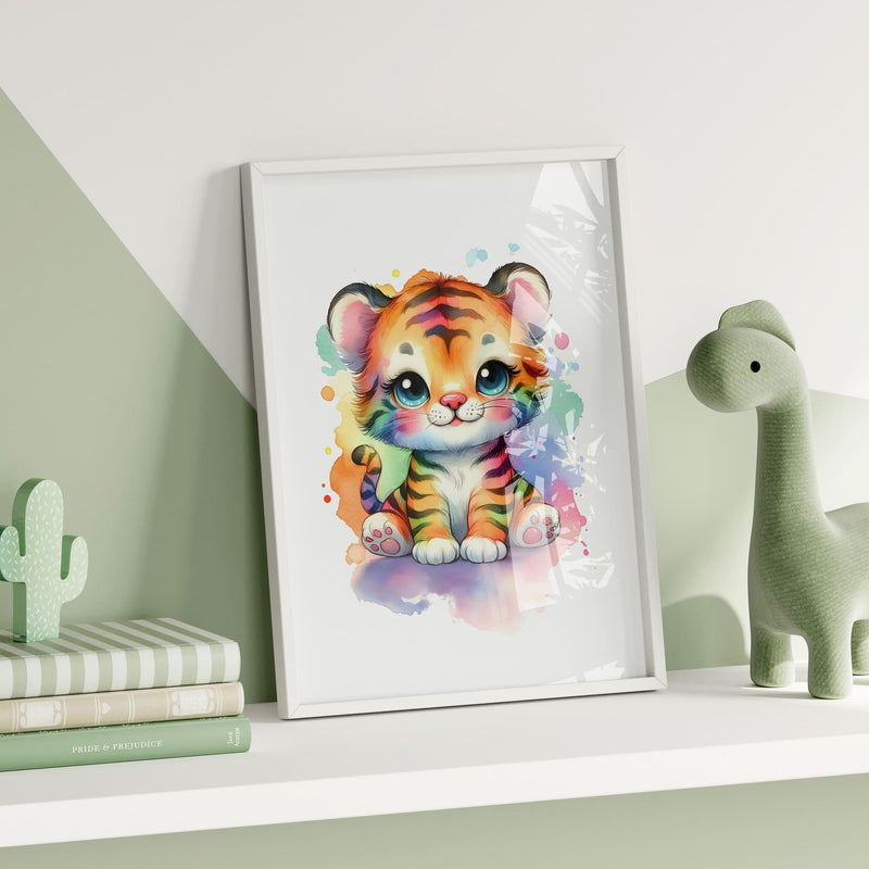 Set of two A4 prints featuring multicoloured animals - tiger cub and lion cub. The animals are depicted as cartoon illustrations in a vibrant watercolour style with multiple colours. The prints are very bright and colourful, adding a lively touch to any space.
