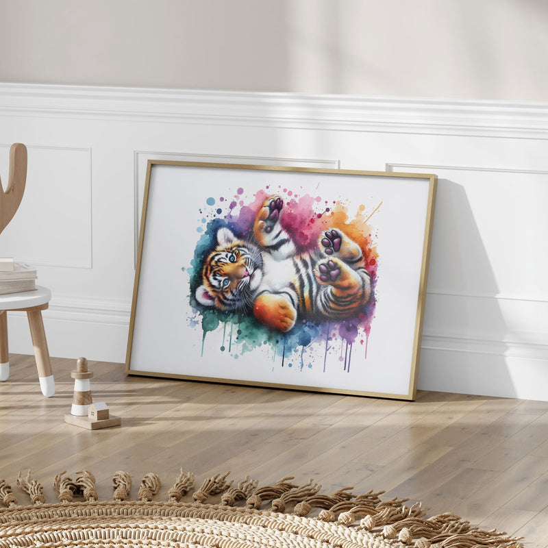 Set of two horizontal A4 prints featuring multicoloured animals - tiger cub and lion cub. The animals are depicted in a vibrant watercolour style with multiple colours. The prints are very bright and colourful, adding a lively touch to any space.