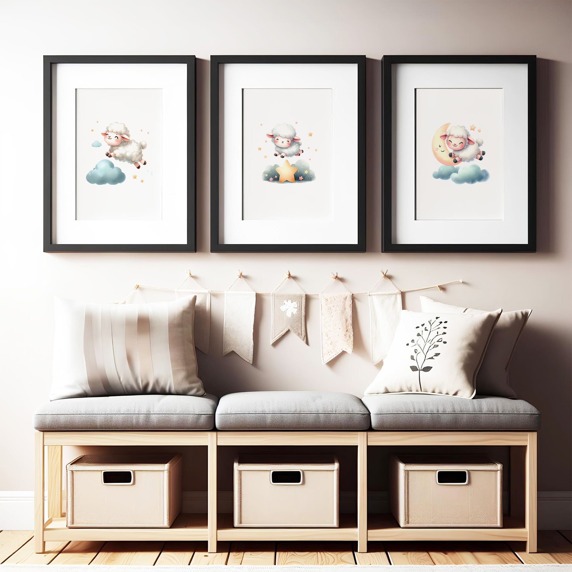 Set of three A4 prints in watercolour style. Each print depicts a different variant of a little lamb jumping over a cloud.