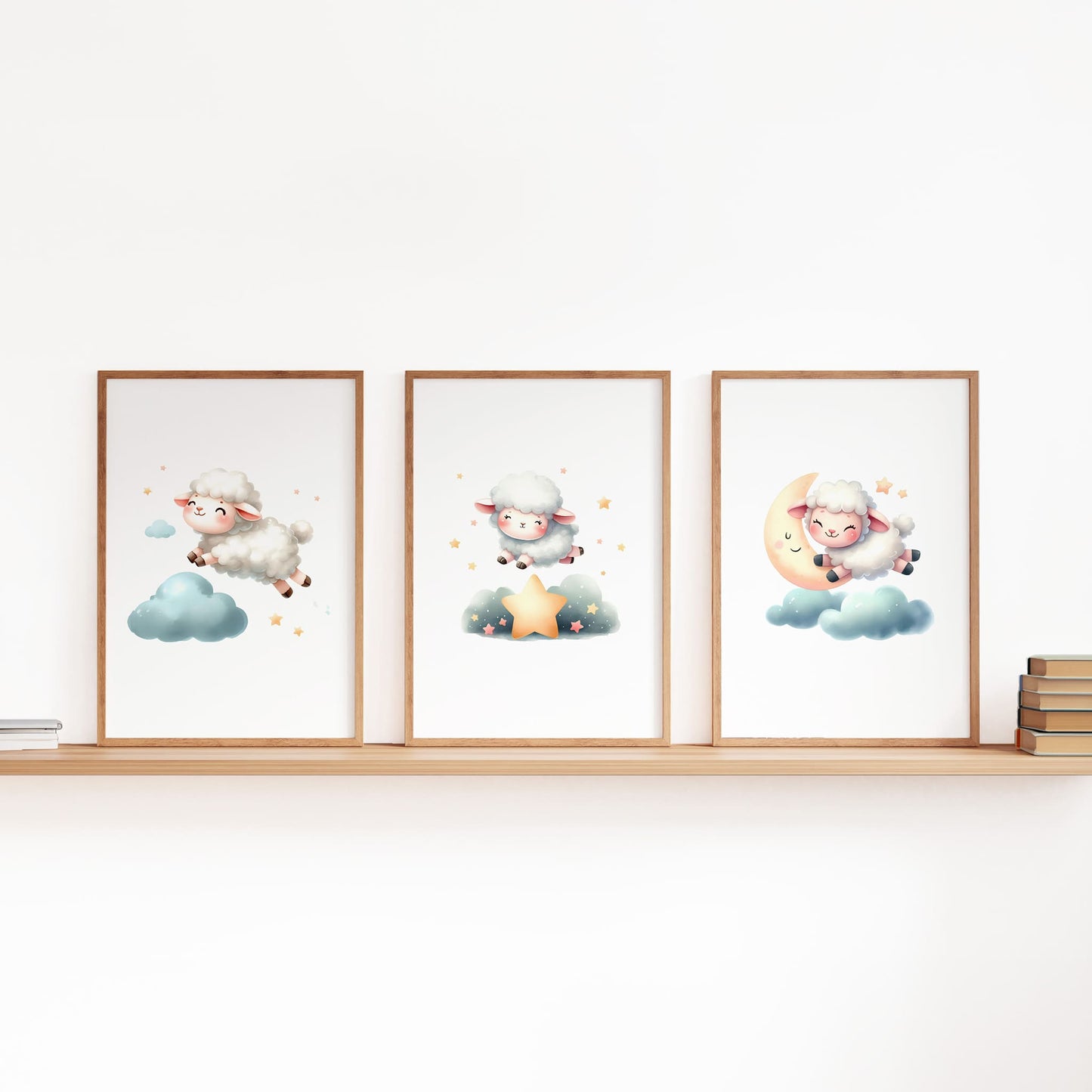 Set of three A4 prints in watercolour style. Each print depicts a different variant of a little lamb jumping over a cloud.