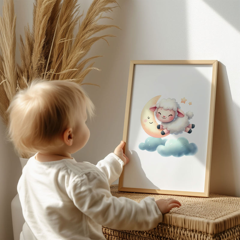 Set of three A4 prints in watercolour style. Each print depicts a different variant of a little lamb jumping over a cloud.