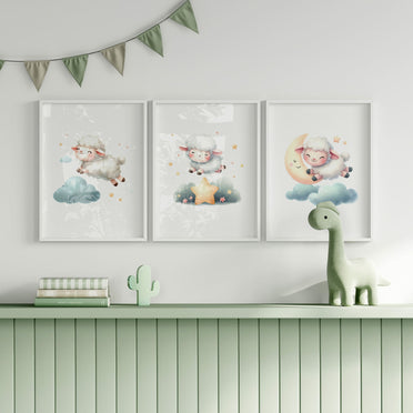 Set of three A4 prints in watercolour style. Each print depicts a different variant of a little lamb jumping over a cloud.