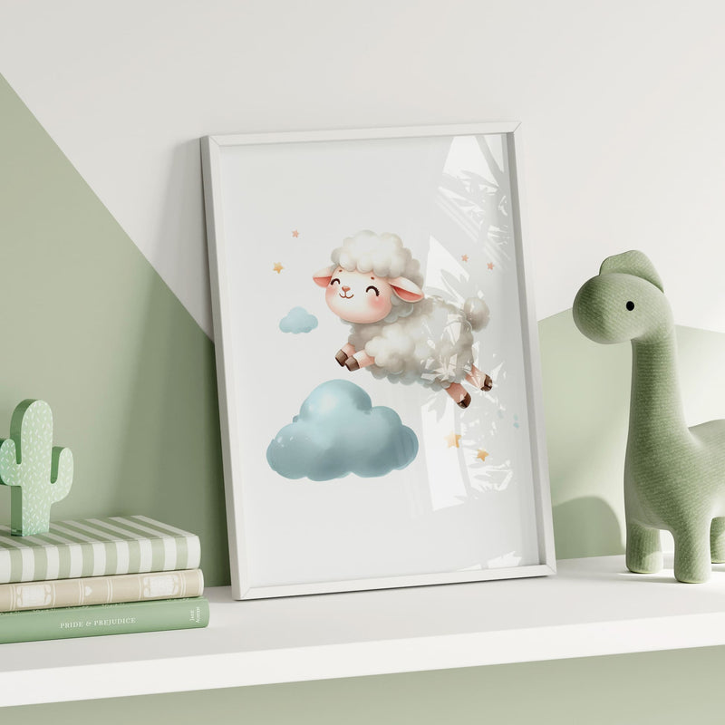 Set of three A4 prints in watercolour style. Each print depicts a different variant of a little lamb jumping over a cloud.