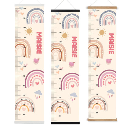 Neutral Coloured Boho Design personalised height chart for kids, featuring sweet rainbow and heart designs. Available on black/white or natural coloured wooden hangers. Perfect for tracking your child's growth in a fun and adventurous way.