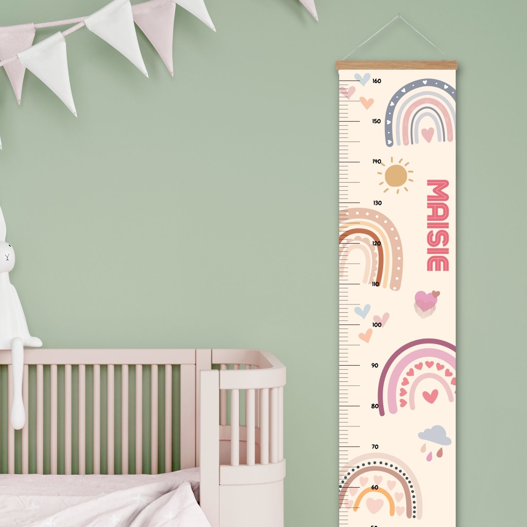 Neutral Coloured Boho Design personalised height chart for kids, featuring sweet rainbow and heart designs. Perfect for tracking your child's growth in a fun and adventurous way.