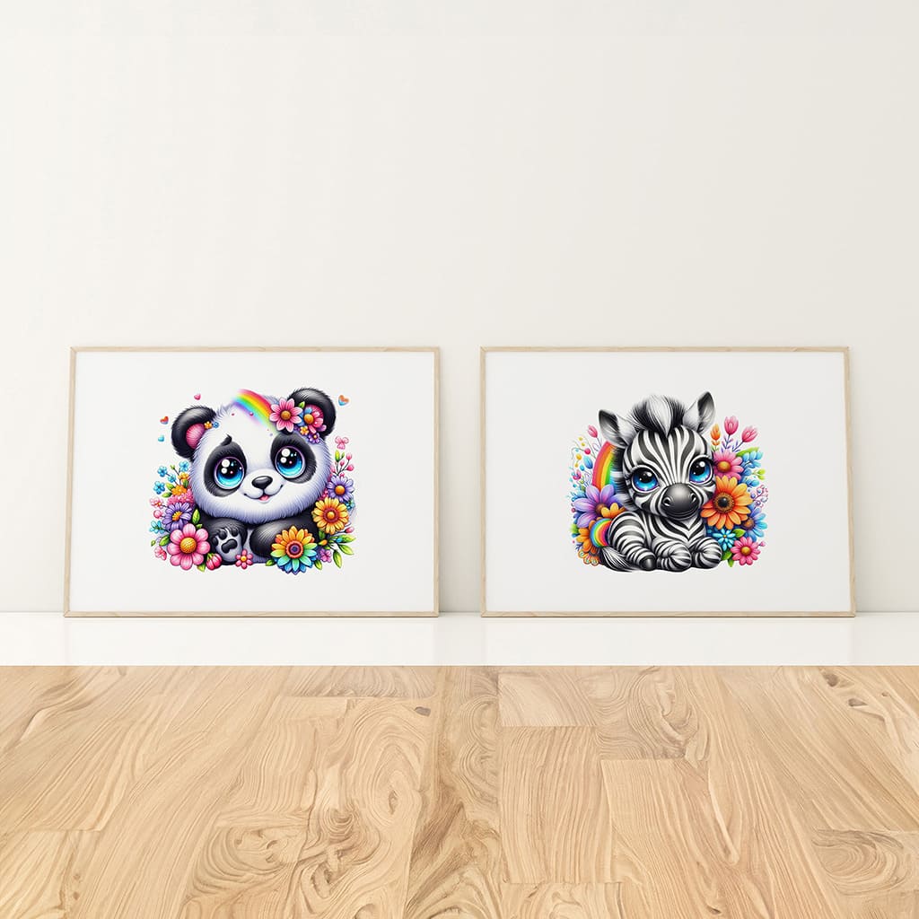 Set of two horizontal A4 prints featuring black and white drawings of a cartoon style baby panda and baby zebra. The animals' eyes are bright blue. Rainbow-coloured flowers surround the animals. The prints are very bright and colourful, adding a vibrant touch to any space.