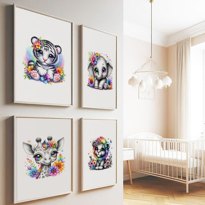 Set of four A4 prints featuring black and white cartoon style drawings of a tiger cub, lion cub, baby elephant, and baby giraffe. The animals' eyes are rainbow-coloured, and rainbow-coloured flowers surround them. The prints are very bright and colourful, adding a vibrant touch to any space.