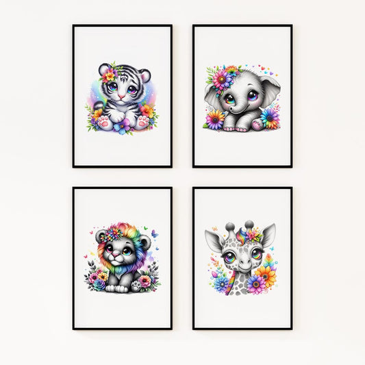 Set of four A4 prints featuring black and white cartoon style drawings of a tiger cub, lion cub, baby elephant, and baby giraffe. The animals' eyes are rainbow-coloured, and rainbow-coloured flowers surround them. The prints are very bright and colourful, adding a vibrant touch to any space.