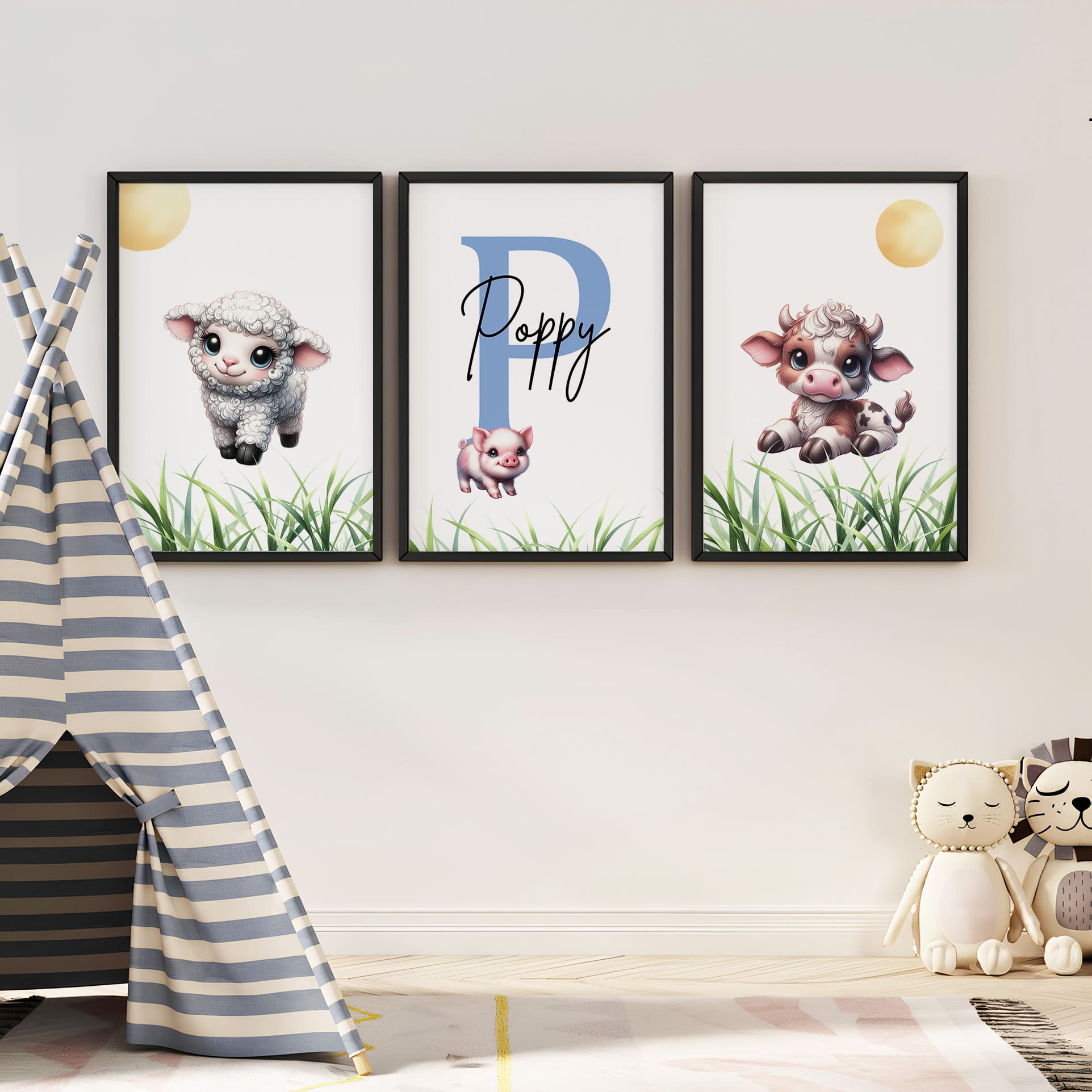 Set of three A4 prints featuring baby farm animals - cow, pig, and lamb. The animals are depicted in a cartoony, bright style resembling coloured pencil drawings. Each print depicts grass along the bottom and a sun above the animal. The middle print features a smaller animal than the others, with a large initial letter in the background. A personalised name in black overlays the initial letter.