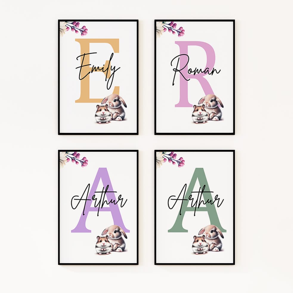 Image featuring four prints, each with a small rabbit and hamster image overlaid on a large initial in the background. The initials in each print are of different colours, with a personalised name written across them.