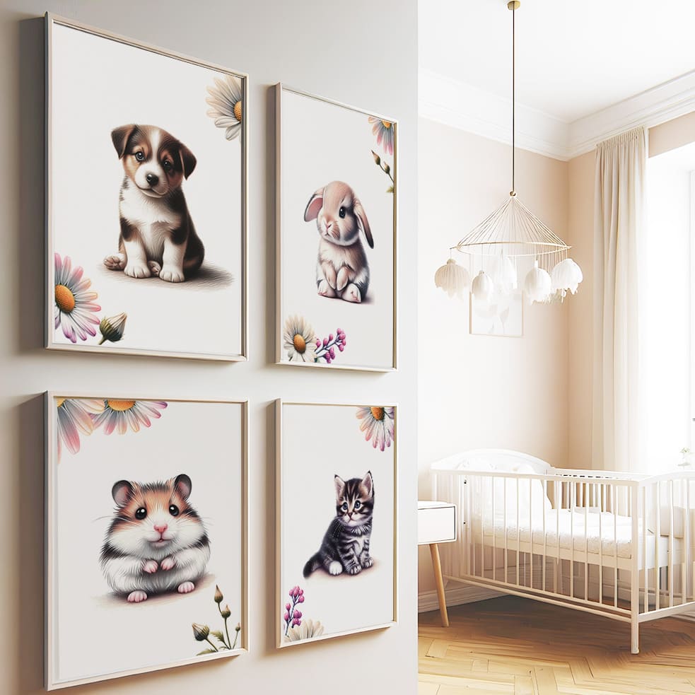 Set of four A4 prints featuring cute pets - puppy, kitten, rabbit, and hamster. The animals are depicted in a cute style resembling coloured pencil drawings. Simple flowers decorate the edges of the prints. 