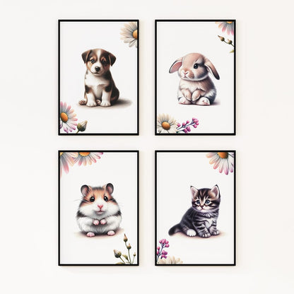 Set of four A4 prints featuring cute pets - puppy, kitten, rabbit, and hamster. The animals are depicted in a cute style resembling coloured pencil drawings. Simple flowers decorate the edges of the prints. 