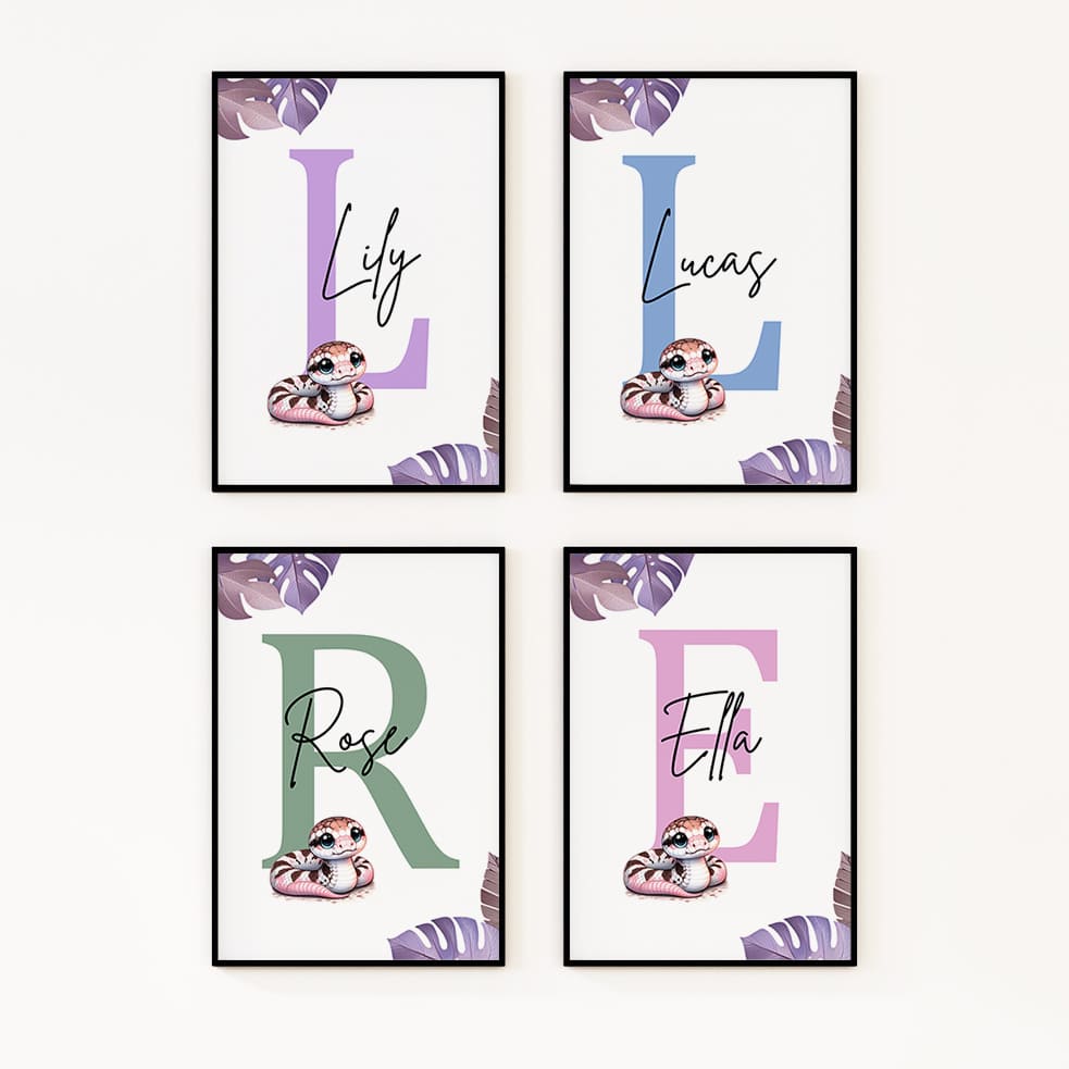 Image featuring four prints, each with a small cute pink snake image overlaid on a large initial in the background. The initials in each print are of different colours, with a personalised name written across them.