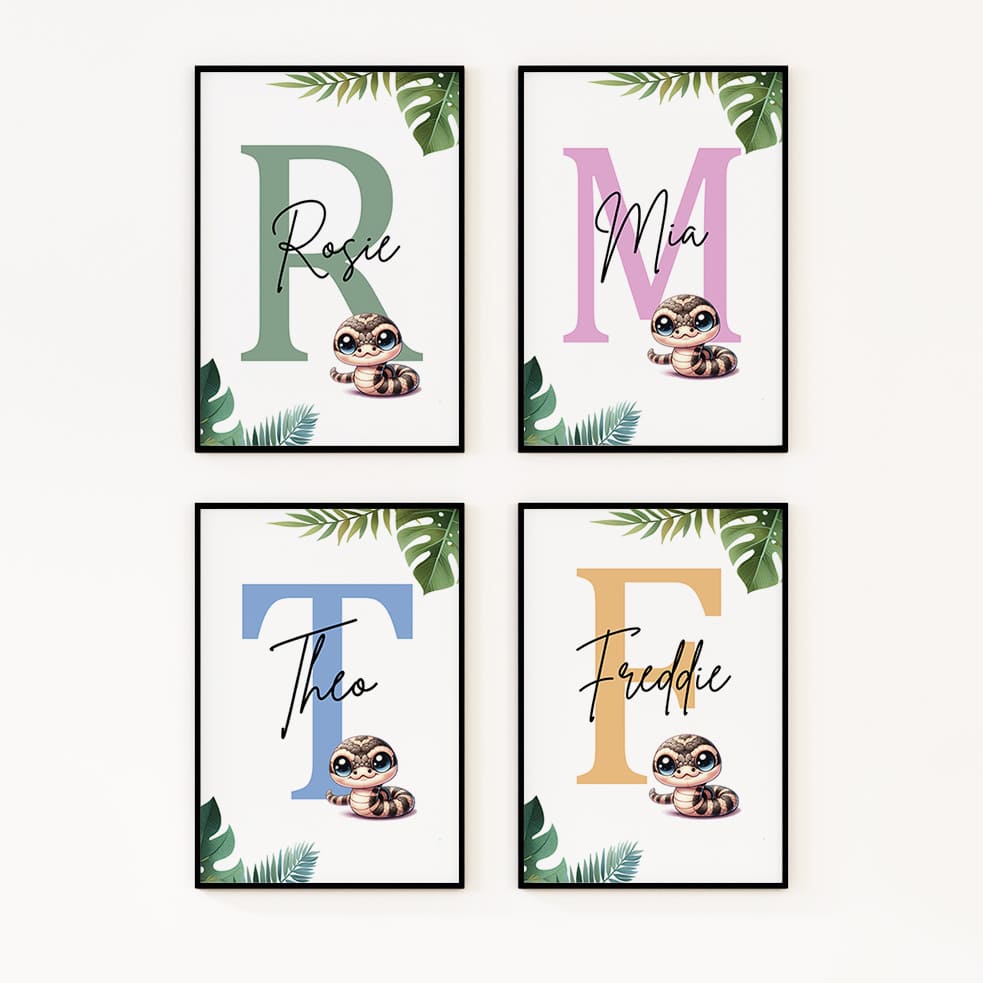 Image featuring four prints, each with a small cute snake image overlaid on a large initial in the background. The initials in each print are of different colours, with a personalised name written across them.