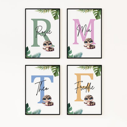 Image featuring four prints, each with a small cute snake image overlaid on a large initial in the background. The initials in each print are of different colours, with a personalised name written across them.
