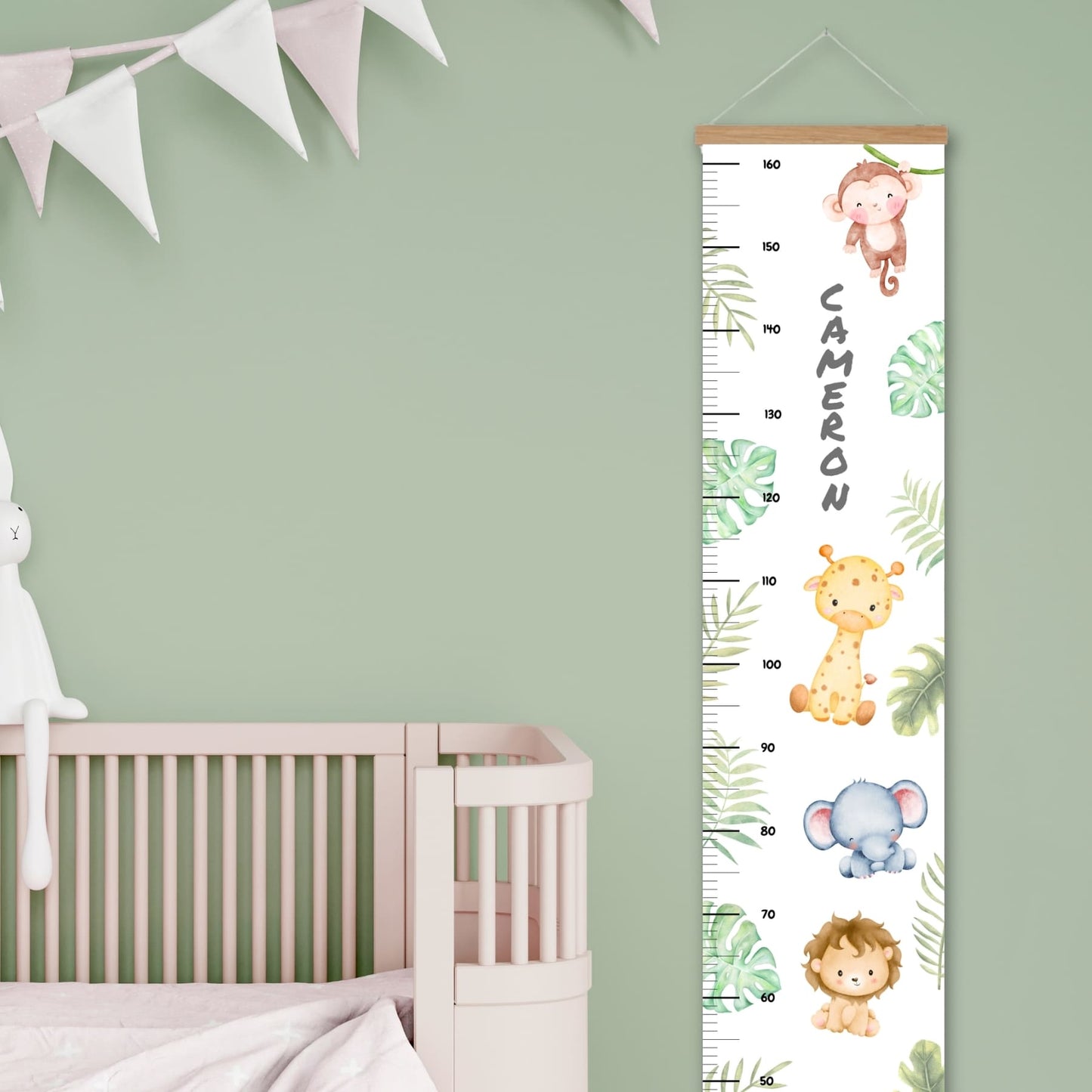 Childrens Height Chart with cute watercolour style safari animals and jungle leaves. Personalised with childs name