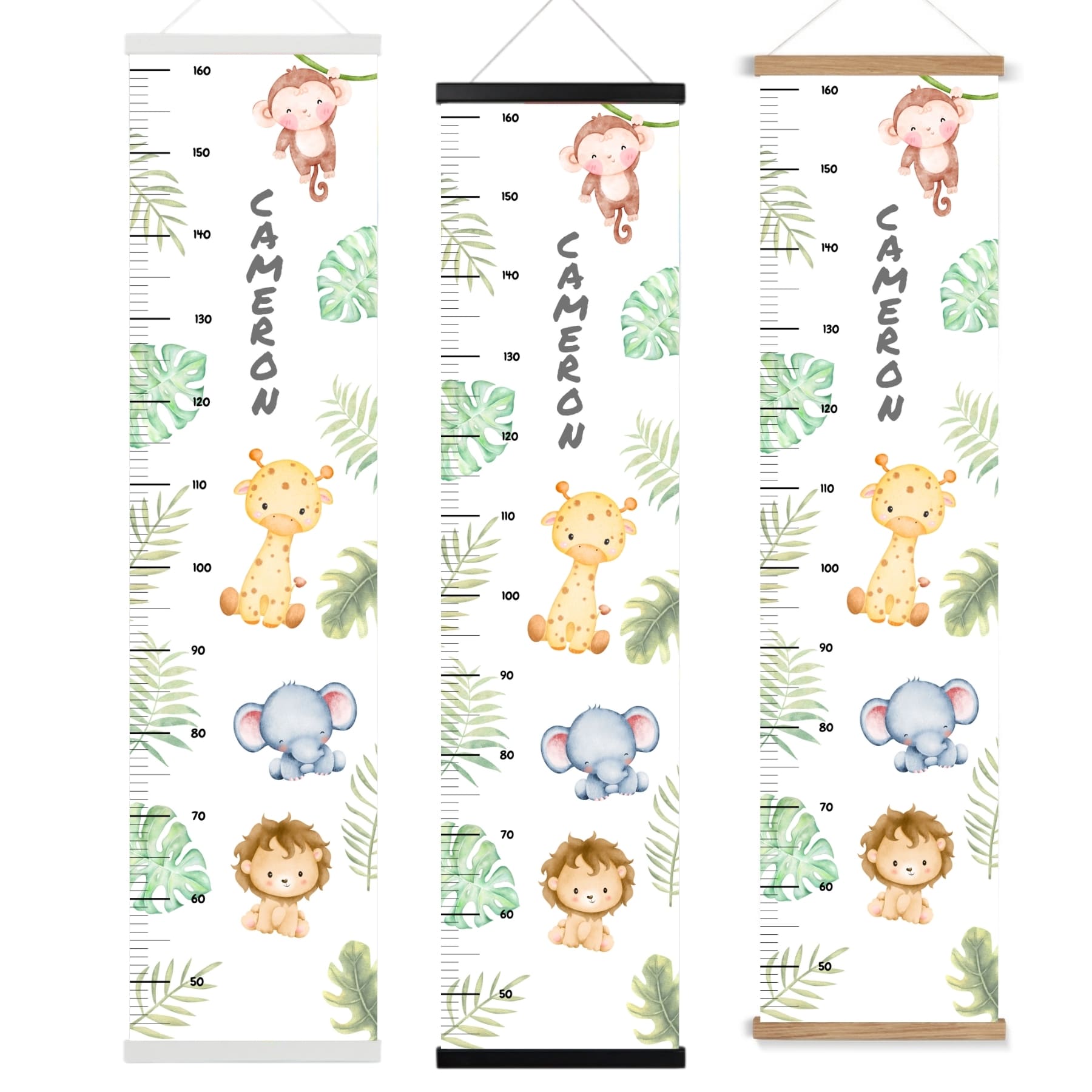 Childrens Height Chart with cute watercolour style safari animals and jungle leaves. Personalised with childs name. Choice of black, white or natural wood hanger