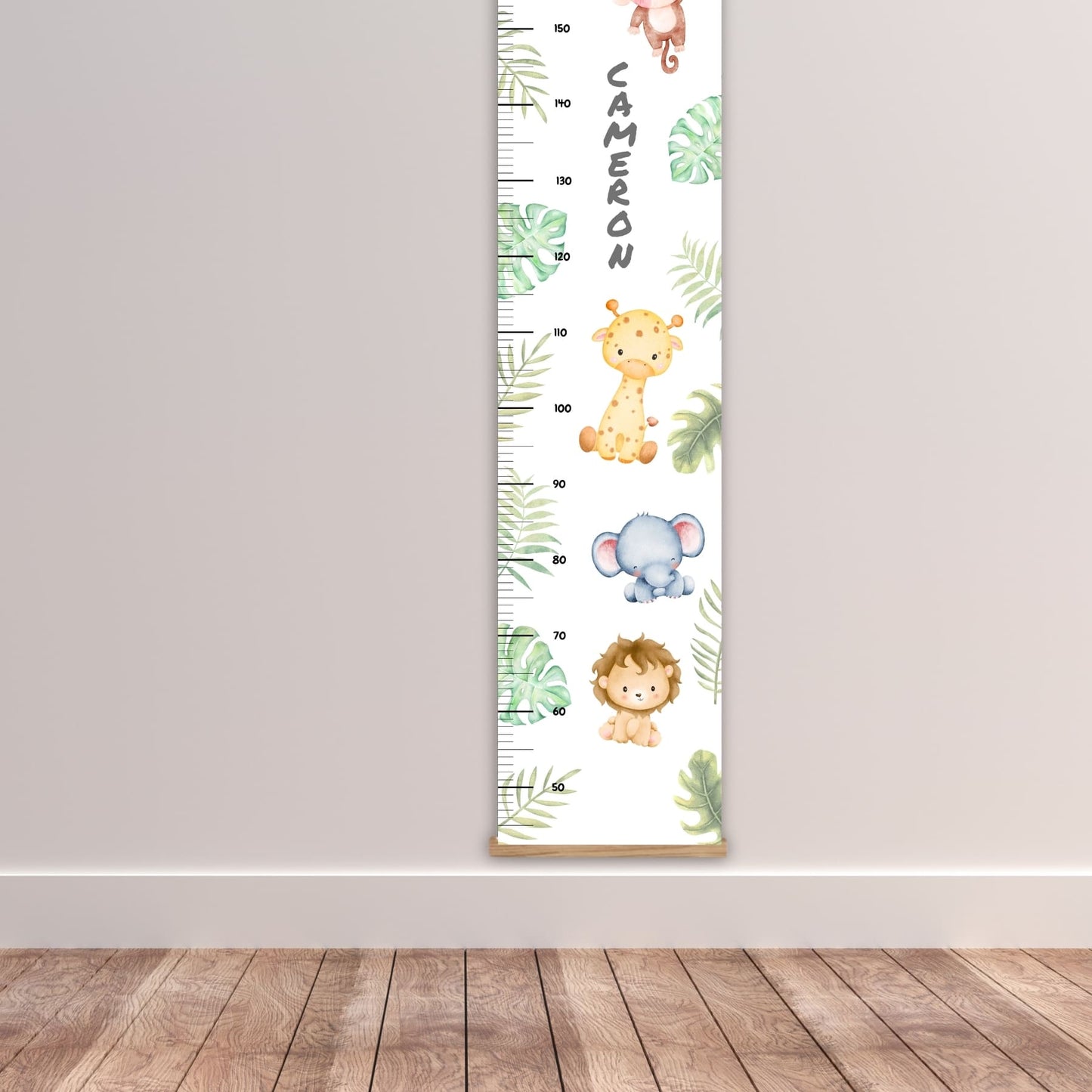 Childrens Height Chart with cute watercolour style safari animals and jungle leaves. Personalised with childs name. Choice of black, white or natural wood hanger