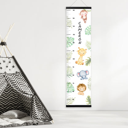 Childrens Height Chart with cute watercolour style safari animals and jungle leaves. Personalised with childs name. Choice of black, white or natural wood hanger