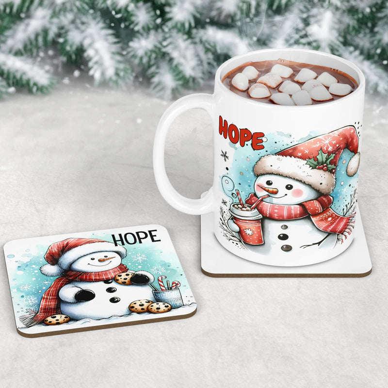 Childrens Christmas Dinner Set - a mug, coaster and placemat set featuring cute snowmans designs, primarily in black, white, red and blue. Personalised with Childs name