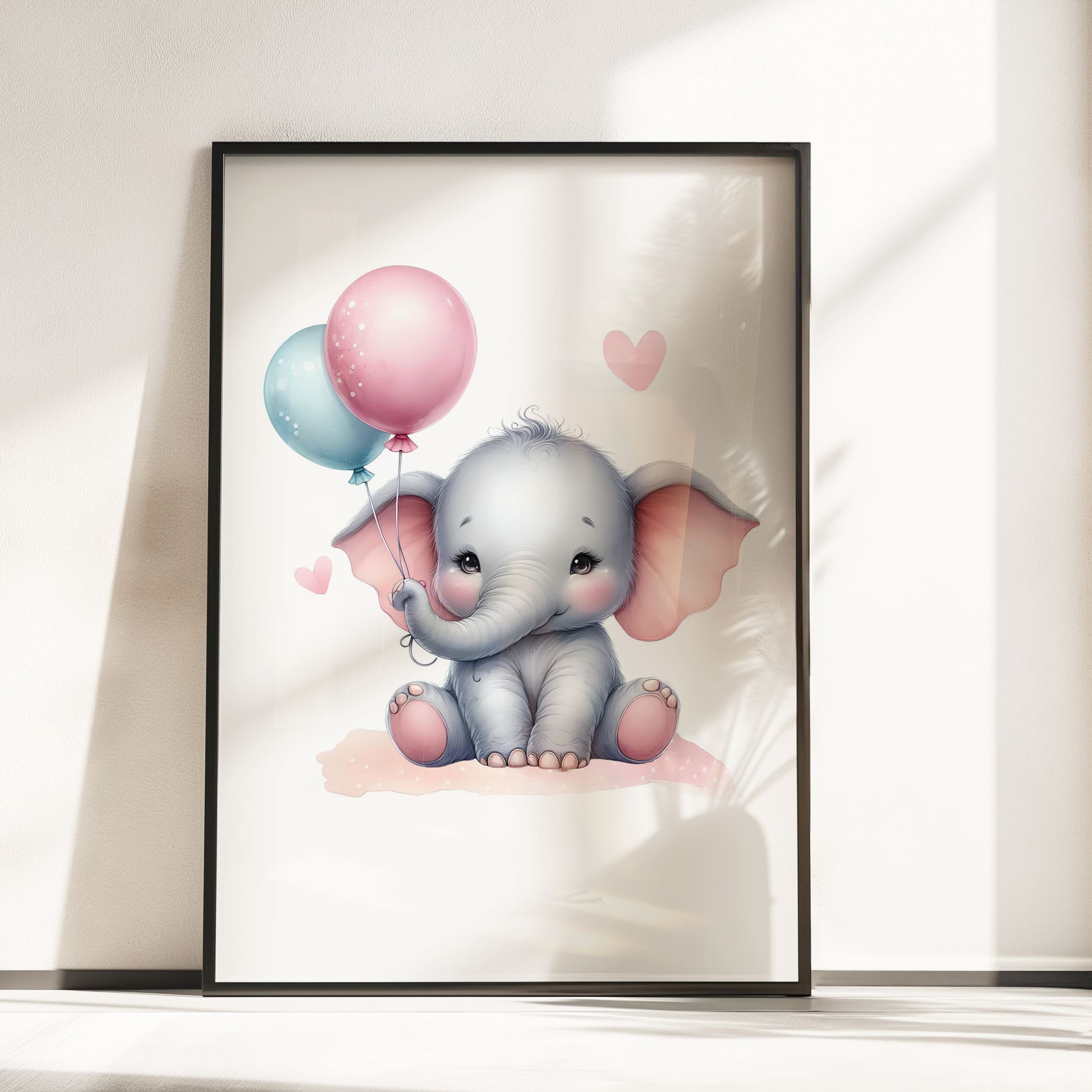 A4 print of cute baby elephant holding balloons.  Style of watercolour painting