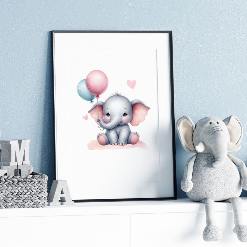 Set of three A4 prints in watercolour style. Each print depicts a cartoon baby elephant. In the first print, the elephant sit by a mobile; in the second, it holds a balloon. The middle elephant has counting clocks nearby and is smaller than the other two, with a large initial in the background. A personalised name in black overlays the initial.