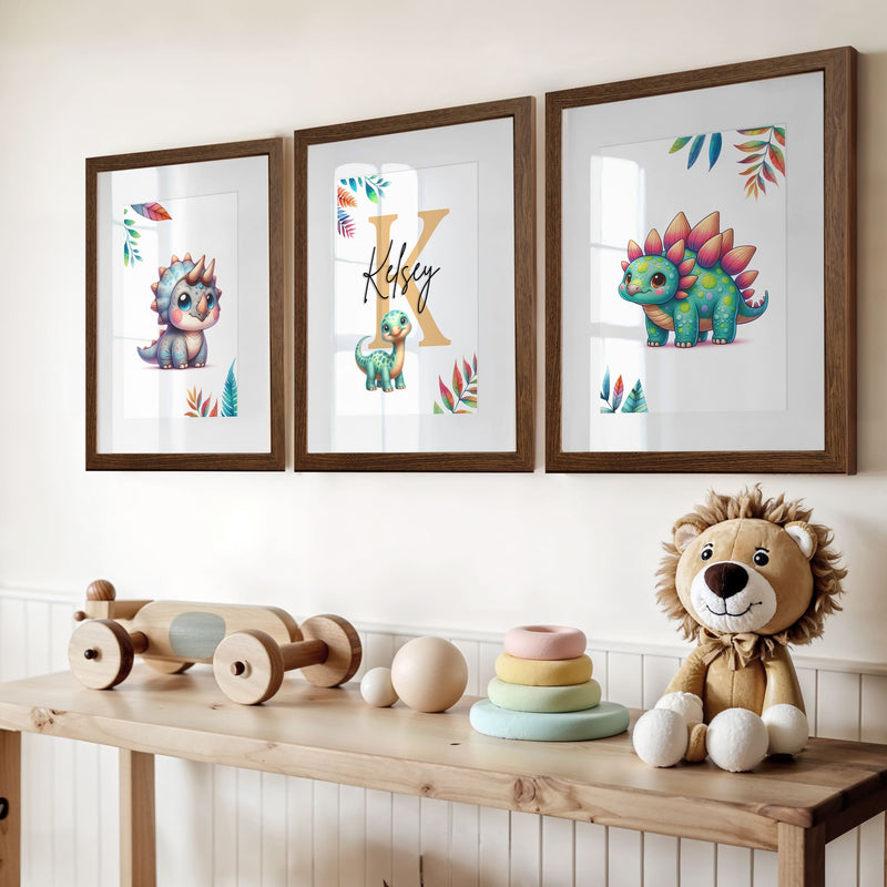 Cute Dinosaur Prints | Personalised Nursery Wall Art Set of 3