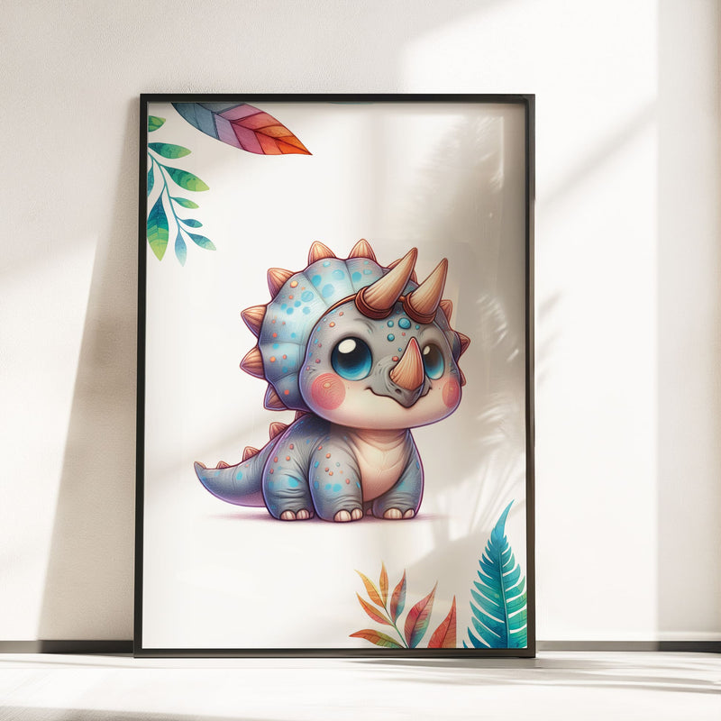 Set of three A4 prints featuring cute baby dinosaurs. The dinosaurs are depicted in a cute, cartoony, bright style resembling coloured pencil drawings. Rainbow coloured leaves decorate the edges of the prints. The middle print features a smaller dinosaur than the others, with a large initial letter in the background. A personalised name in black overlays the initial letter.
