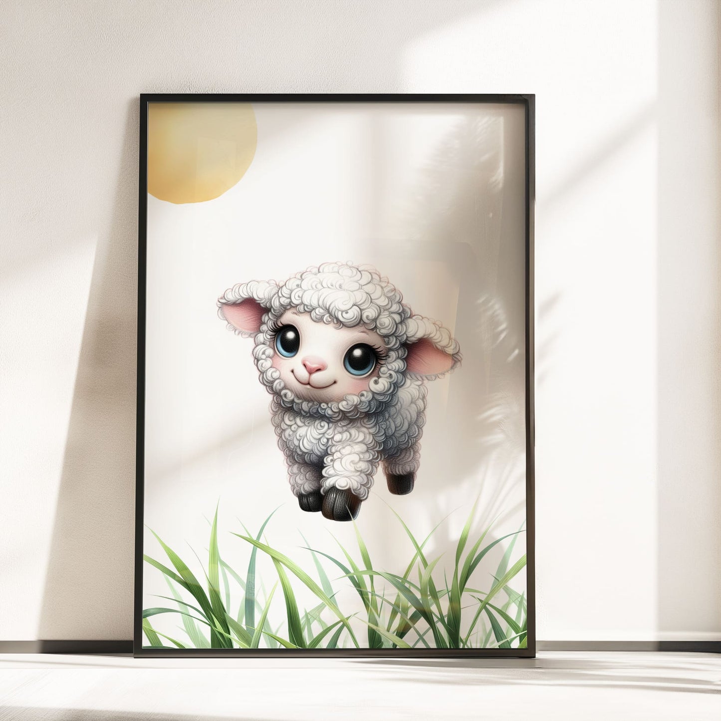 A4 Nursery Print of a cute baby sheep in the style of coloured pencil drawing