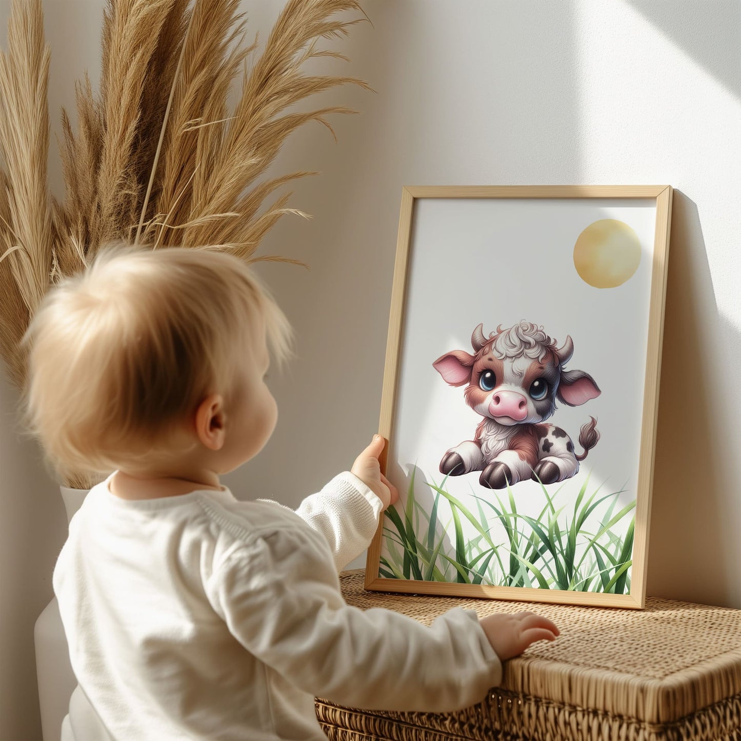 Set of four A4 prints featuring baby farm animals - cow, pig, chick and lamb. The animals are depicted in a cartoony, bright style resembling coloured pencil drawings. Each print depicts grass along the bottom and a sun above the animal.