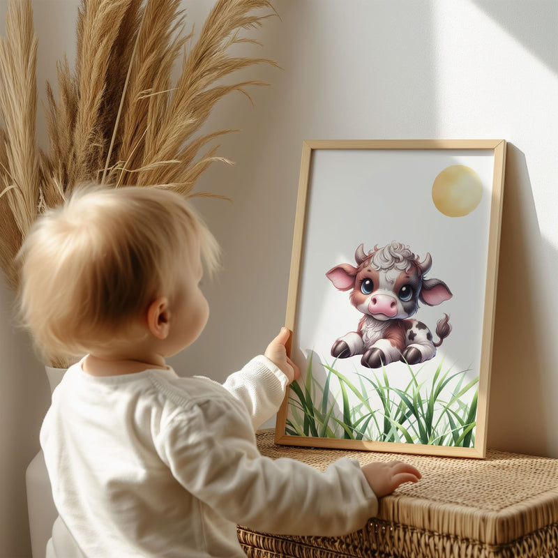 Set of four A4 prints featuring baby farm animals - cow, pig, chick and lamb. The animals are depicted in a cartoony, bright style resembling coloured pencil drawings. Each print depicts grass along the bottom and a sun above the animal.