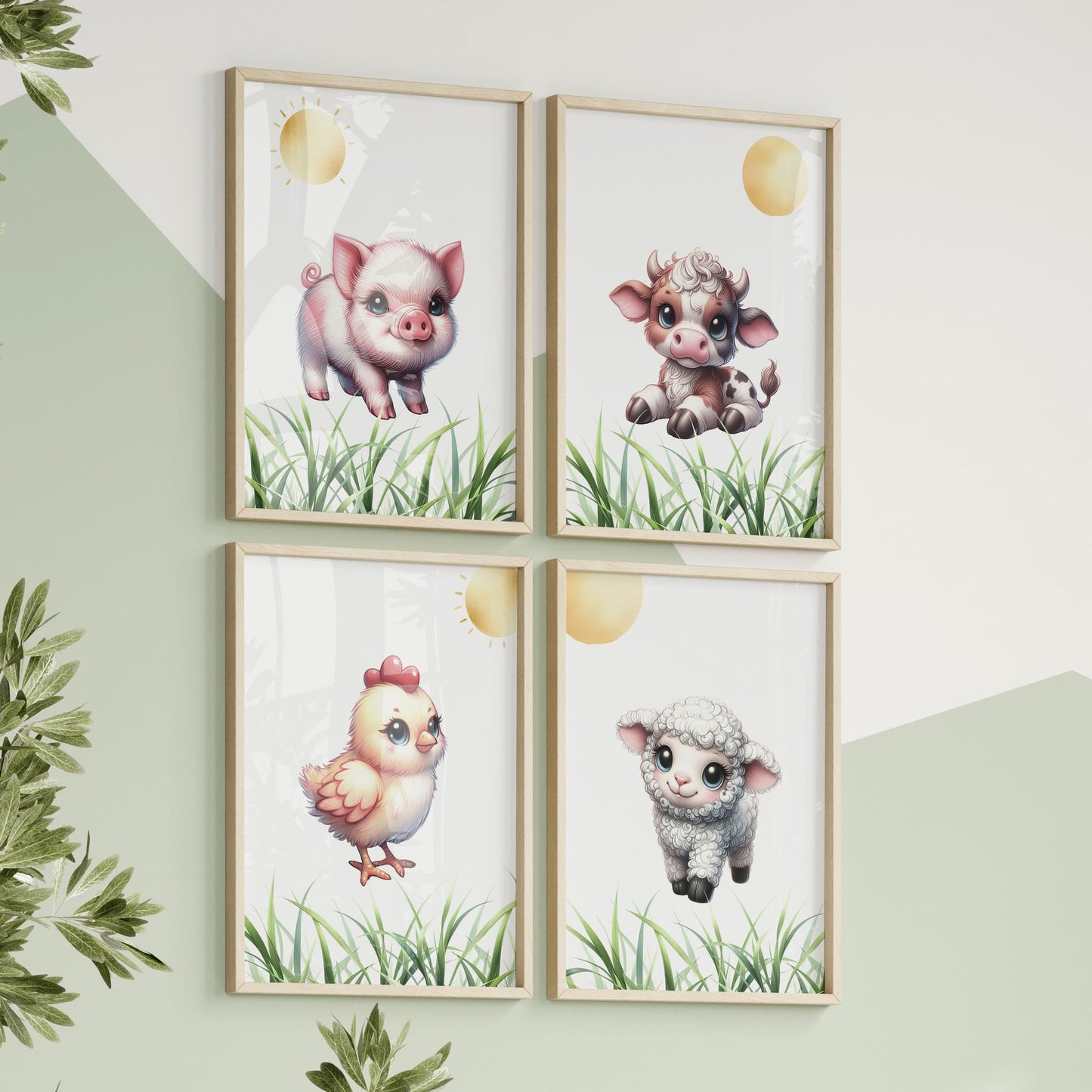 Set of four A4 prints featuring baby farm animals - cow, pig, chick and lamb. The animals are depicted in a cartoony, bright style resembling coloured pencil drawings. Each print depicts grass along the bottom and a sun above the animal.