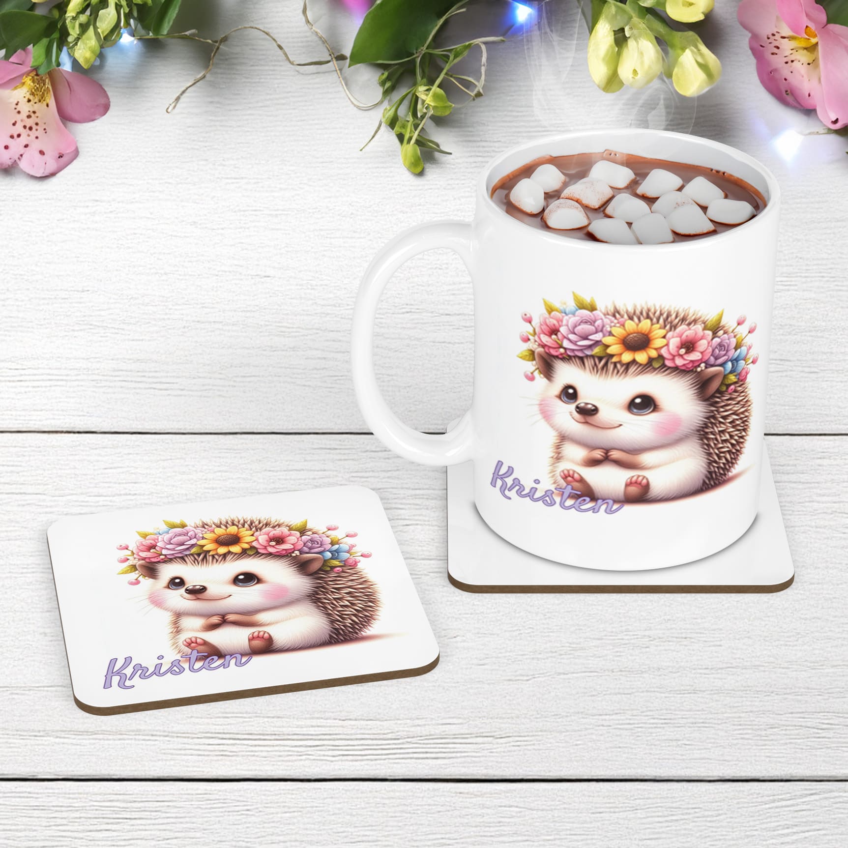 White mug and coaster set with adorable hedgehog wearing a flower crown. Personalised with your childs name in lilac