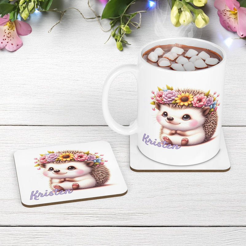 White mug and coaster set with adorable hedgehog wearing a flower crown. Personalised with your childs name in lilac
